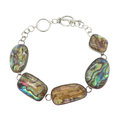 925 Sterling Silver Vintage Real Abalone Shell Modernist Bracelet 6.5-7.5"