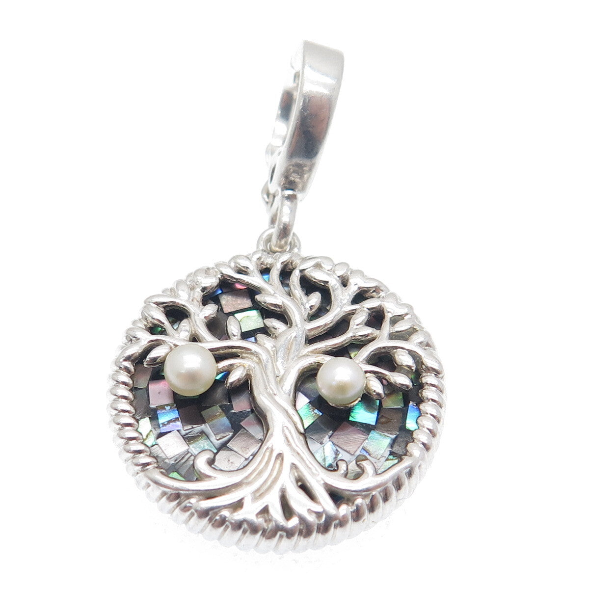 925 Sterling Silver Vintage Real Pearl Abalone Shell Inlay Tree of Life Pendant