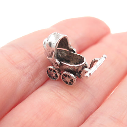 925 Sterling Silver Vintage Baby Stroller Oxidized Movable 3D Mini Charm Pendant