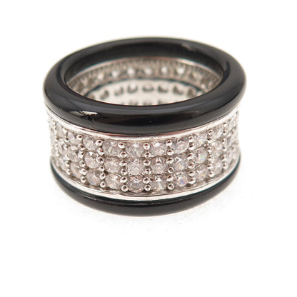 925 Sterling Silver Real Black Onyx & C Z Wide Band Ring Size 7.25