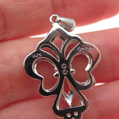 925 Sterling Silver Real Round-Cut Diamond Fleur de Lis Key Pendant
