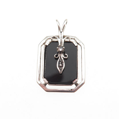 925 Sterling Silver Vintage Real Black Onyx & C Z Oxidized Charm Pendant