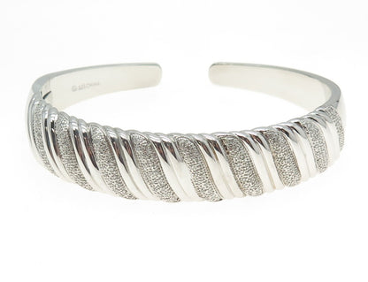 925 Sterling Silver Real Round-Cut Diamond Wavy Cuff Bracelet 7.25"