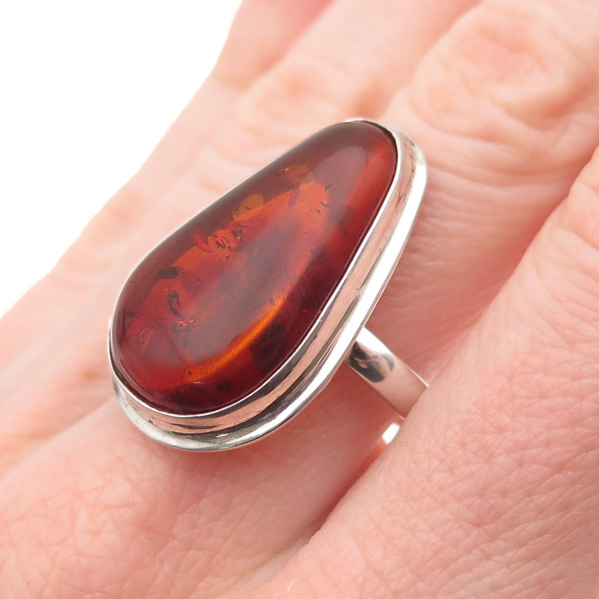 925 Sterling Silver Vintage Real Amber Modernist Ring Size 8.75