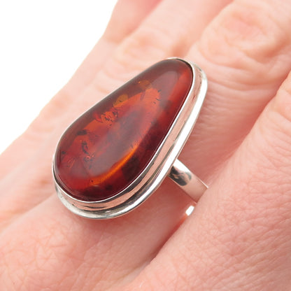 925 Sterling Silver Vintage Real Amber Modernist Ring Size 8.75