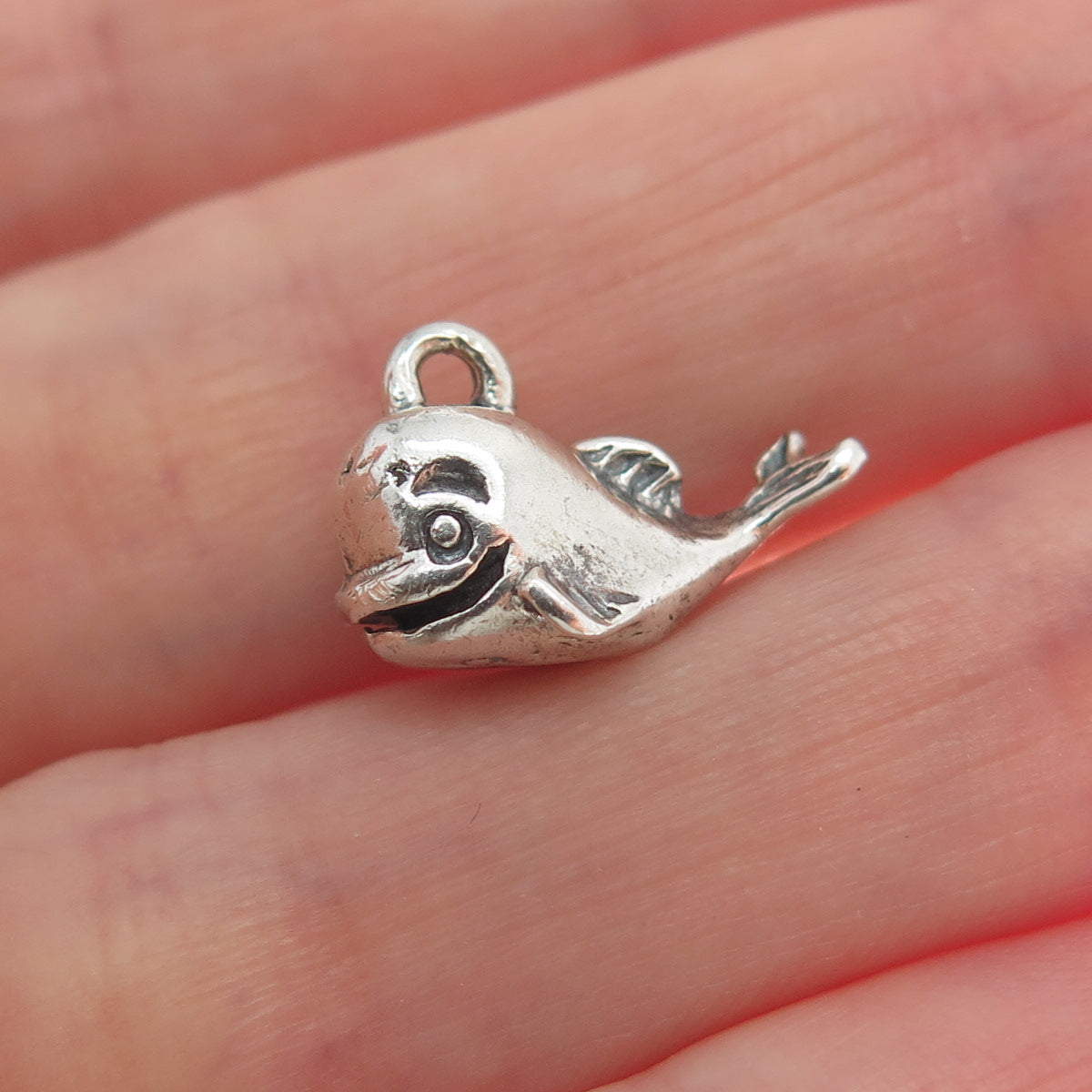 925 Sterling Silver Vintage Baby Whale Oxidized Minimalist 3D Charm Pendant