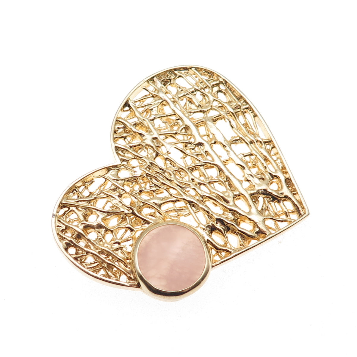 925 Sterling Silver Gold Plated Real Rose Quartz Modernist Heart Slide Pendant