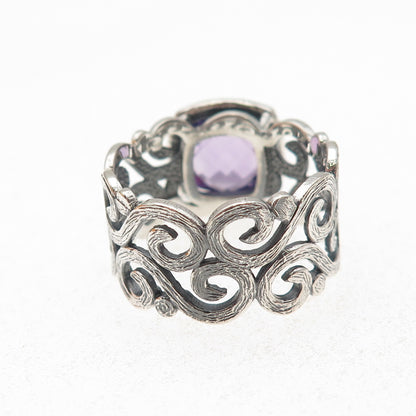 925 Sterling Silver Vintage Israel Real Amethyst Swirl Oxidized Ring Size 10