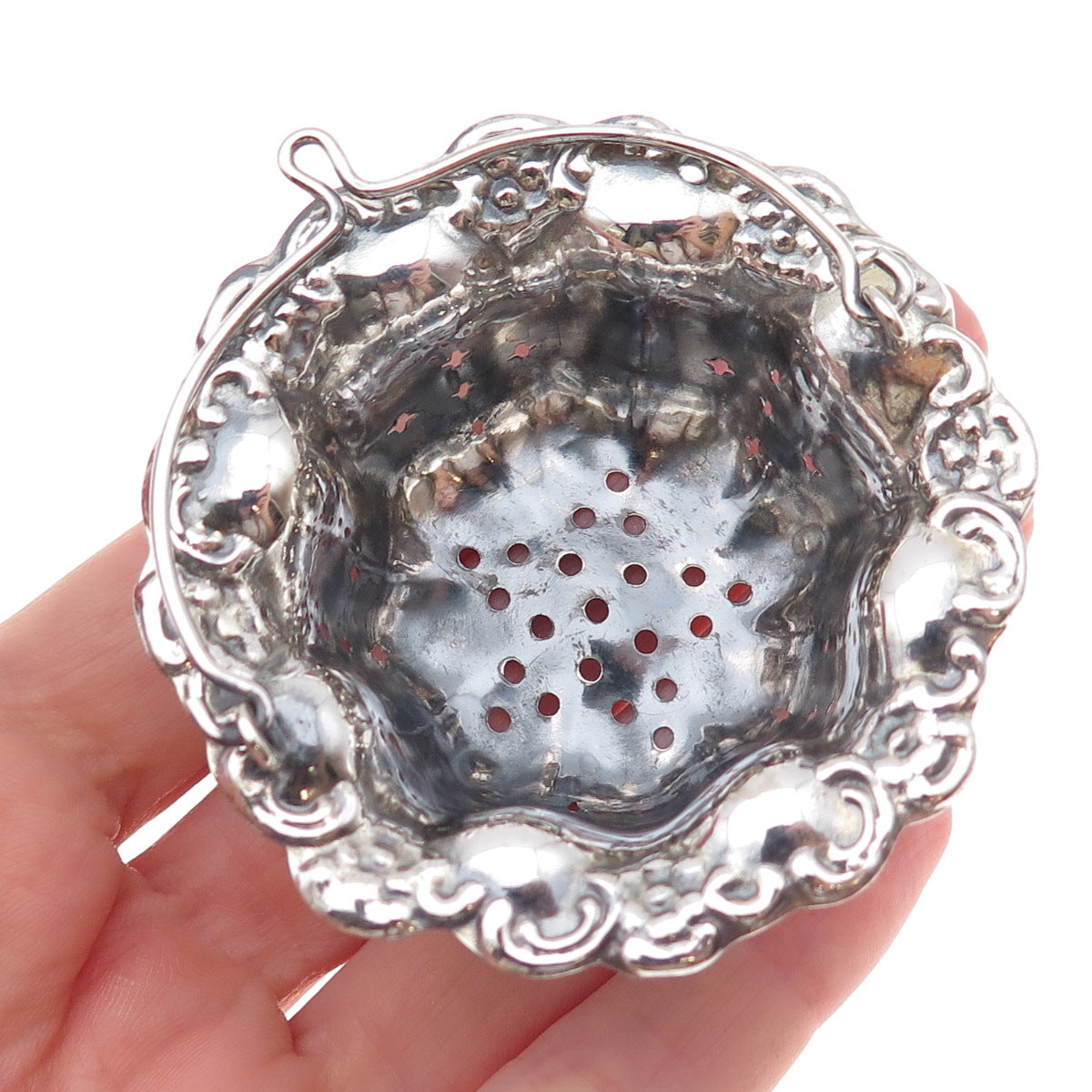 Silver-Tone Antique Art Deco Oxidized Repousse Tea Strainer Basket