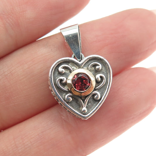 925 Sterling Silver & 14K Yellow Gold Vintage Real Red Garnet Heart Pendant