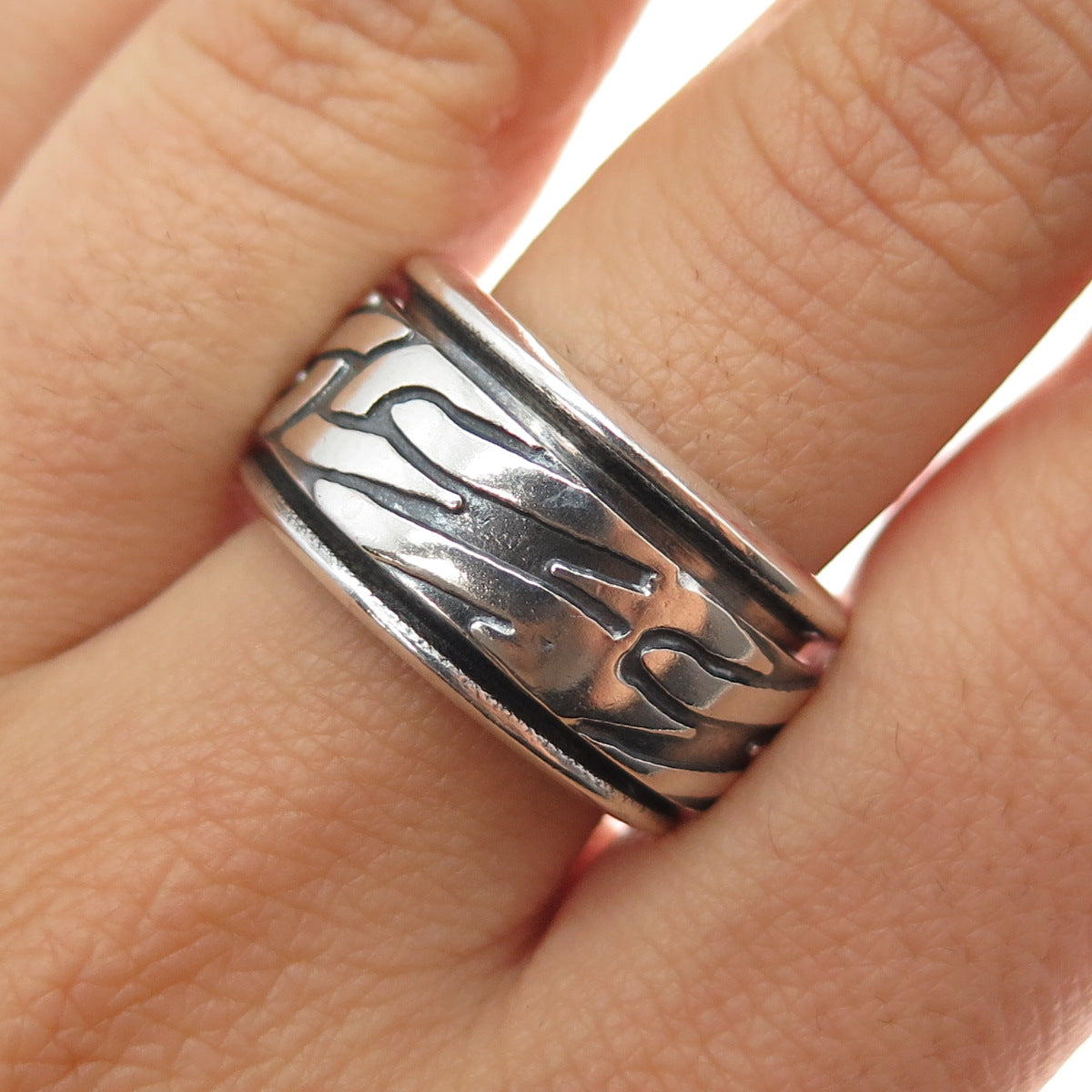 925 Sterling Silver Vintage Mexico Modernist Rotating Band Oxidized Ring Size 10