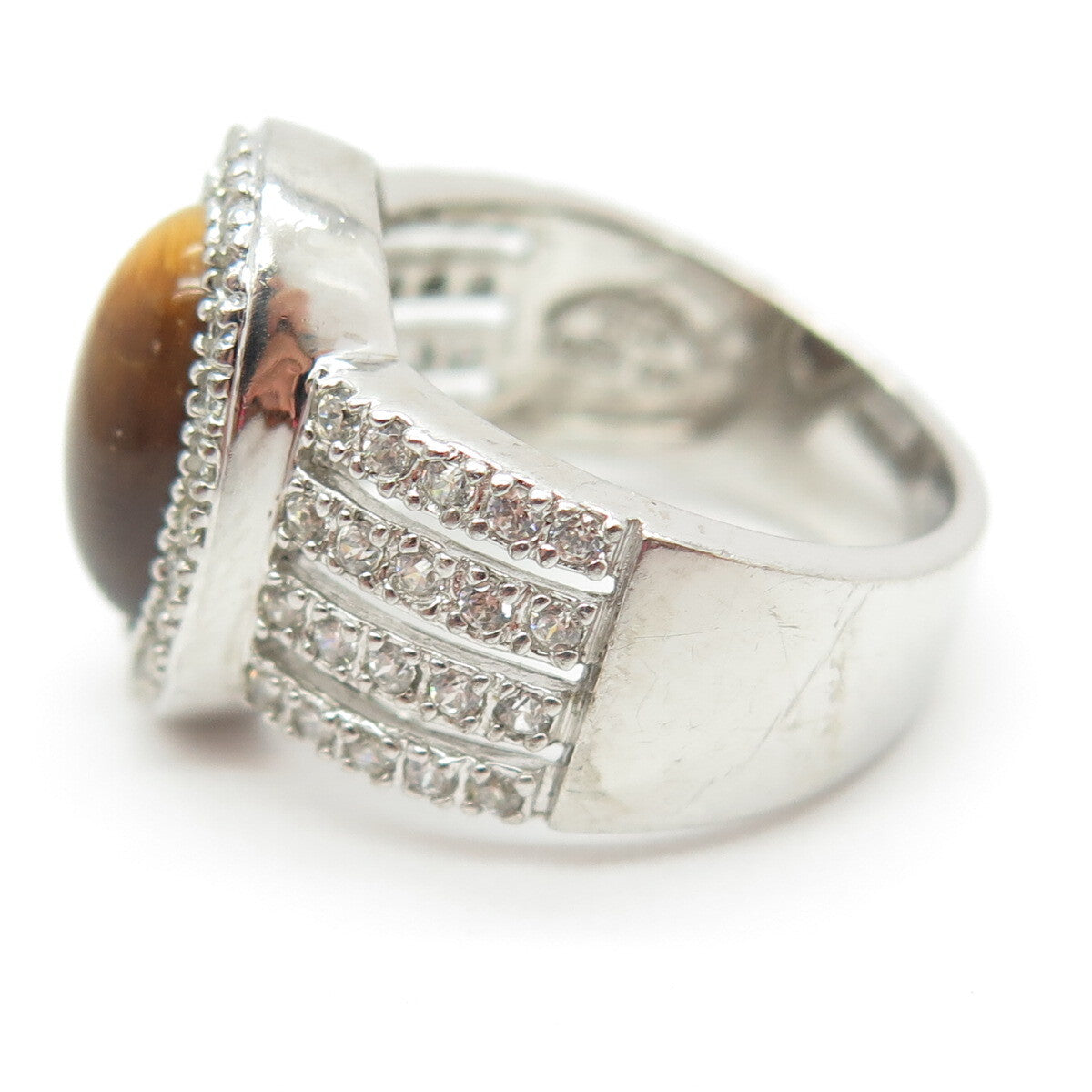 ESPO Joseph Esposito 925 Sterling Silver Real Tiger Eye & C Z Ring Size 6.25