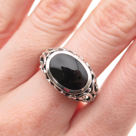 CFJ Collins Fine 925 Sterling Silver Vintage Real Black Onyx Ornate Ring Size 8