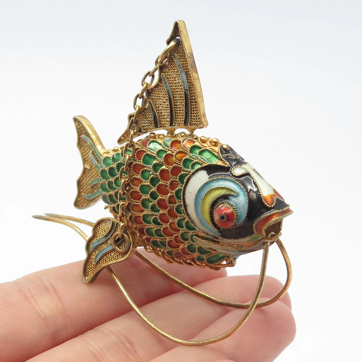 925 Sterling Silver Gold Plated Antique Enamel Chinese Koi Fish Articulated Fob