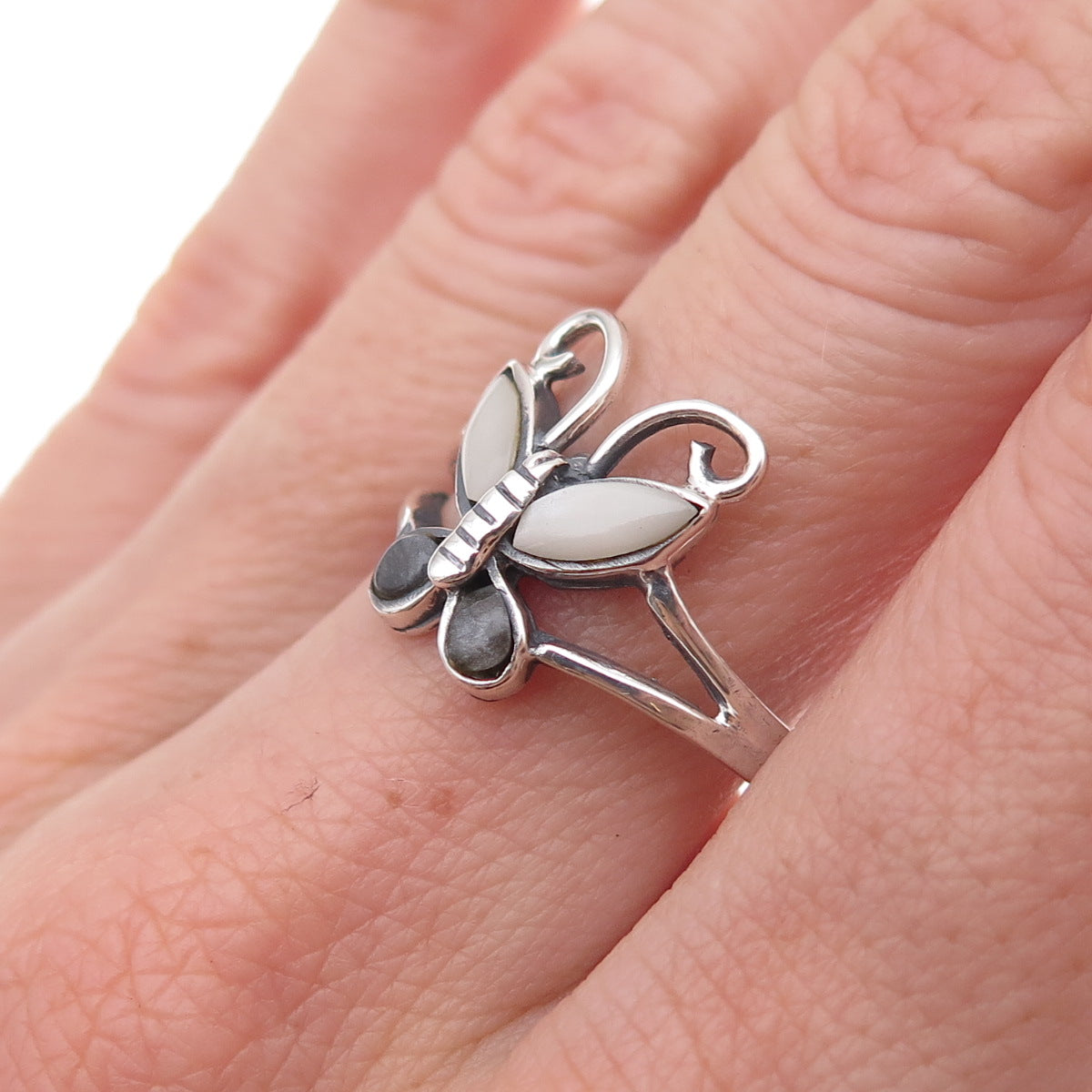 Charles Winston 925 Sterling Silver Vintage Real MOP Butterfly Ring Size 9