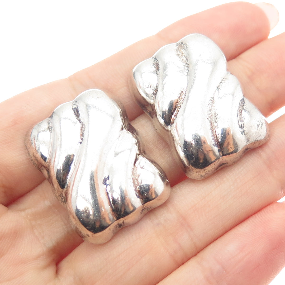 925 Sterling Silver Vintage Mexico Modernist Puffy Oxidized Clip On Earrings