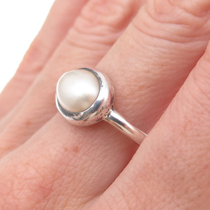 925 Sterling Silver Vintage Real Pearl Modernist Oxidized Ring Size 7.5