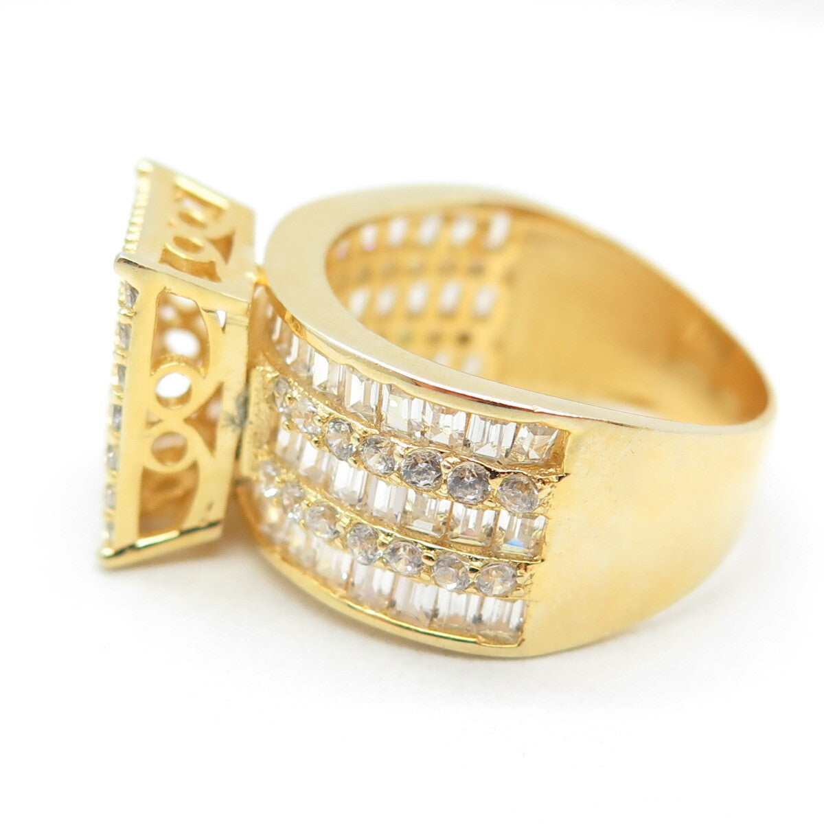 925 Sterling Silver Gold Plated Baguette & Round-Cut C Z Ring Size 7