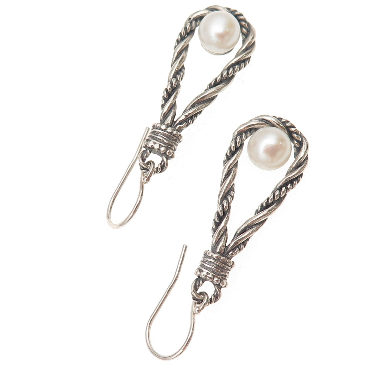 925 Sterling Silver Vintage Real Pearl Twisted Teardrop Oxidized Dangle Earrings