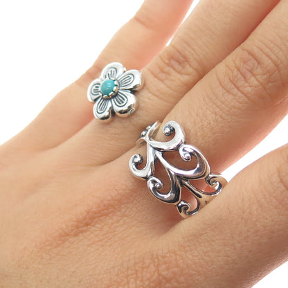 CAROLYN POLLACK 925 Sterling Vintage Turquoise Flower Double-Finger Ring Size 11
