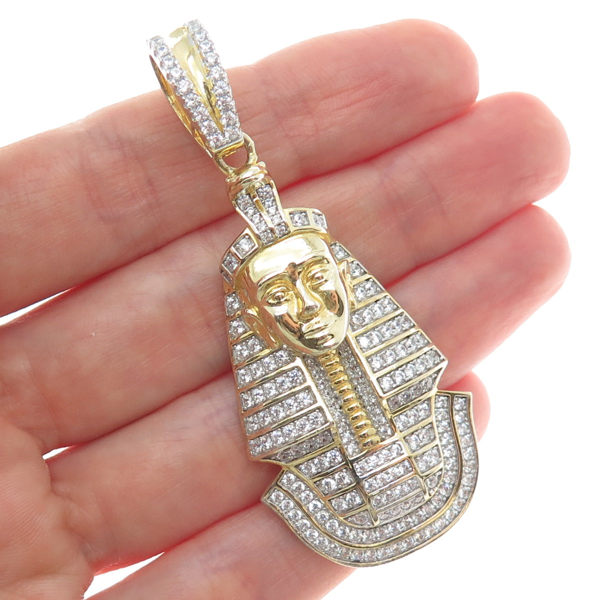925 Sterling Silver Gold Plated Round-Cut Shaped C Z Egyptian Pharaoh Pendant