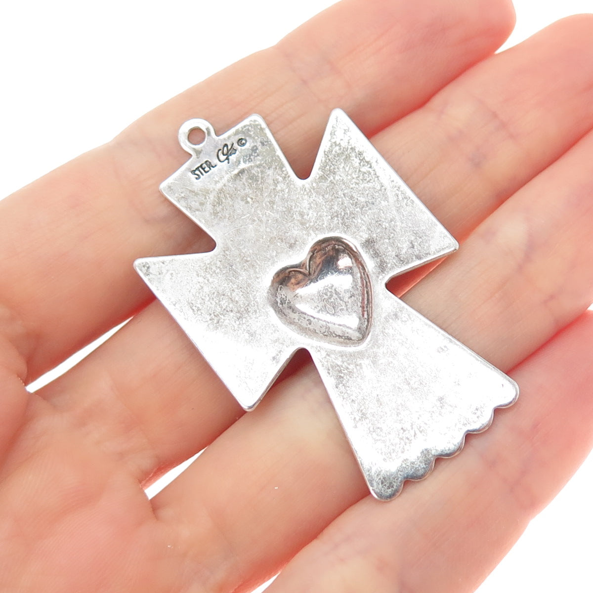 CAROLYN POLLACK 925 Sterling Silver Vintage Heart Angel Cross Oxidized Pendant