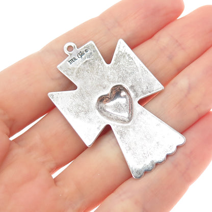 CAROLYN POLLACK 925 Sterling Silver Vintage Heart Angel Cross Oxidized Pendant