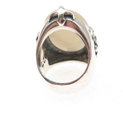 925 Sterling Silver Vintage Real Calcite Fleur de Lis Oxidized Ring Size 7