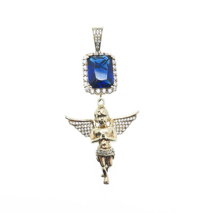 DESIGNS BY YAGI 925 Sterling Silver Gold Plated Blue & White C Z Cherub Pendant