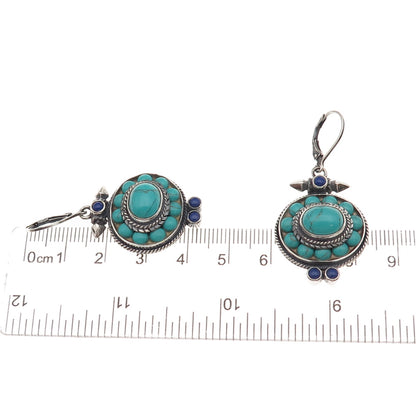 925 Sterling Silver Vintage Real Turquoise & Lapis Oxidized Dangle Earrings