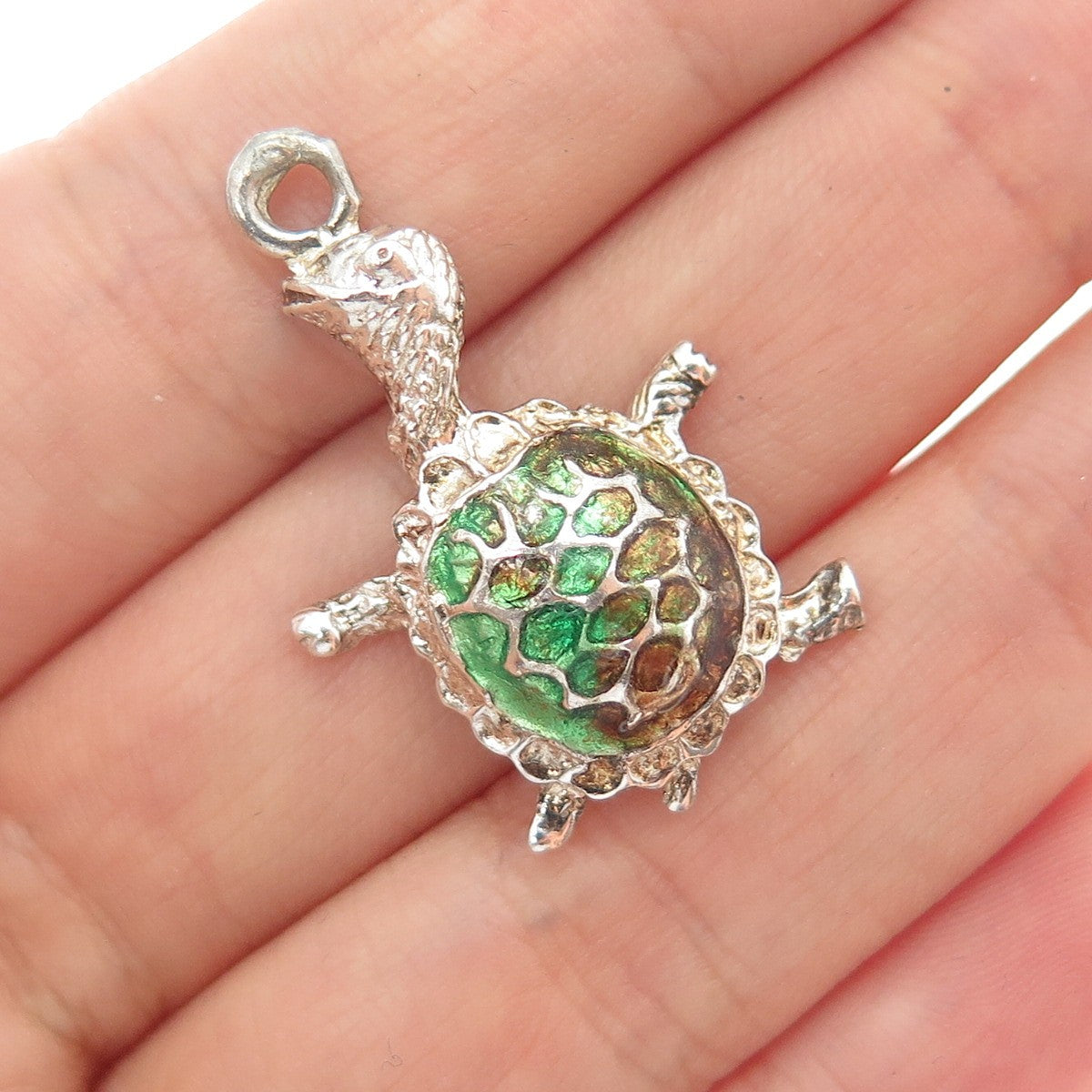 925 Sterling Silver Vintage Enamel Turtle Charm Pendant