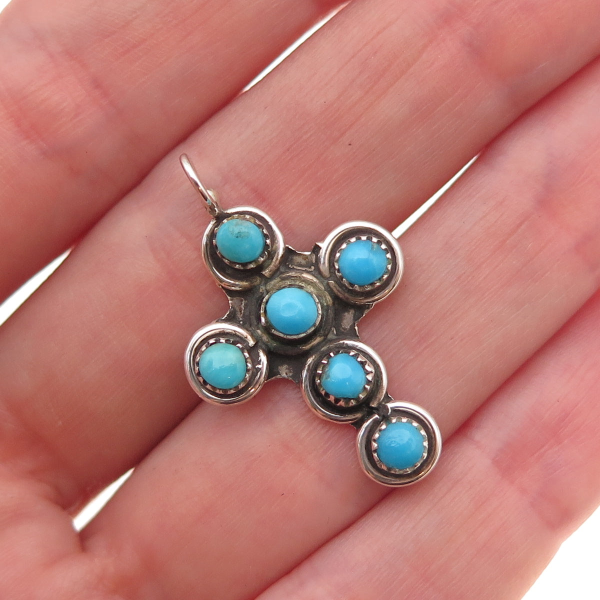Old Pawn 925 Sterling Silver Vintage Turquoise Snake Eye Cross Charm Pendant
