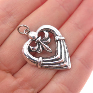 925 Sterling Silver Vintage Fleur de Lis Heart Oxidized Charm Pendant