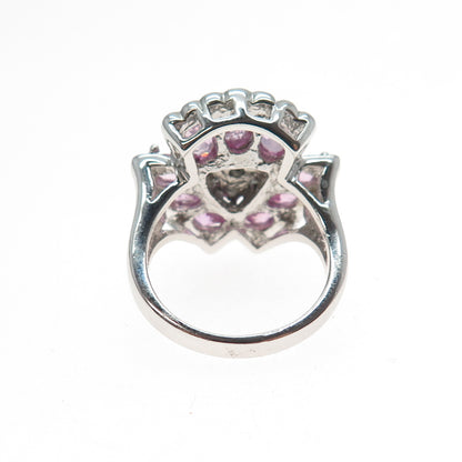 925 Sterling Silver Real Pink Topaz & C Z Flower Ring Size 7.25