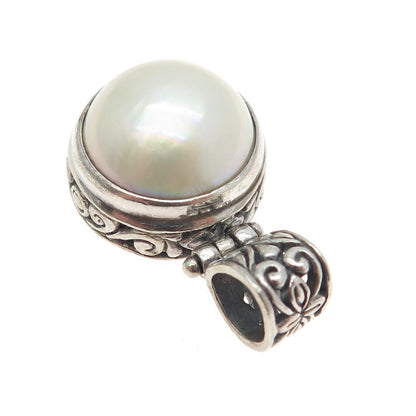 925 Sterling Silver Vintage Real Pearl Ornate Pendant