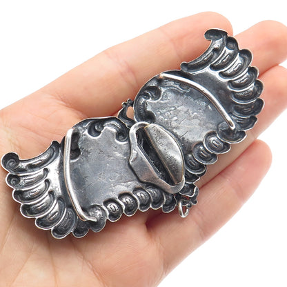 Silver-Tone Antique Art Deco Repousse Flower & Wings Oxidized Belt Buckle