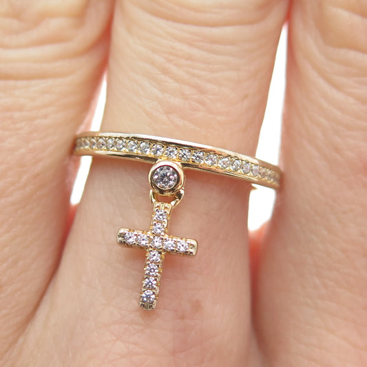 MILOR Sterling Gold Plated Italy Round-Cut C Z Cross Dangle Charm Ring Size 6.25