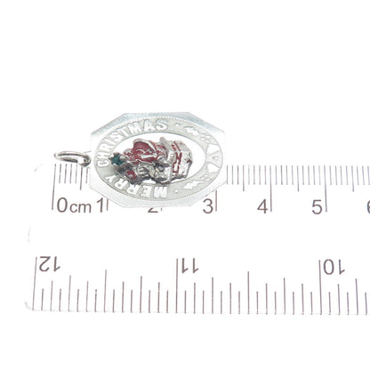 925 Sterling Silver Vintage Enamel & Rhinestone Merry Christmas Charm Pendant