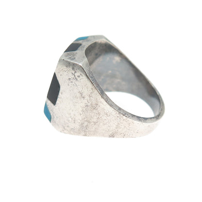 925 Sterling Silver Vintage Mexico Real Turquoise & Black Onyx Ring Size 10.25