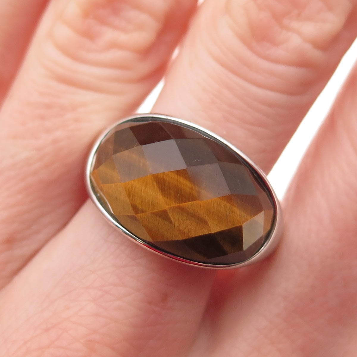 KN Kajal Naina 925 Sterling Silver Real Tiger Eye Modernist Ring Size 9.25