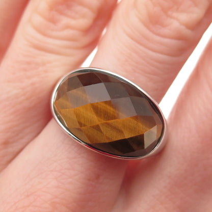KN Kajal Naina 925 Sterling Silver Real Tiger Eye Modernist Ring Size 9.25