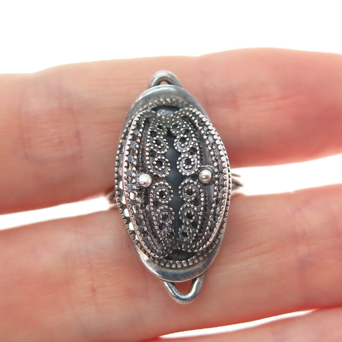 BEAU Sterling Silver Antique Art Deco Filigree Oxidized Adjustable Ring Size 6