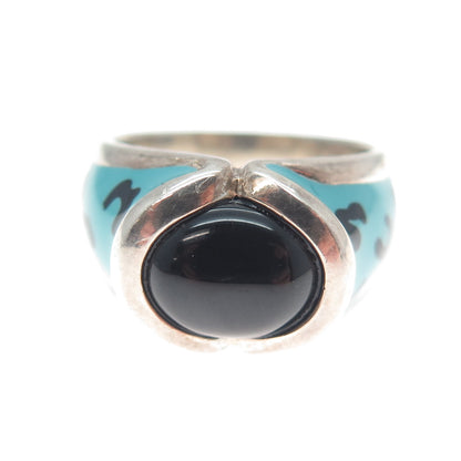 CHATEAU D'ARGENT Sterling Silver Vintage Enamel Real Black Onyx Ring Size 6.5