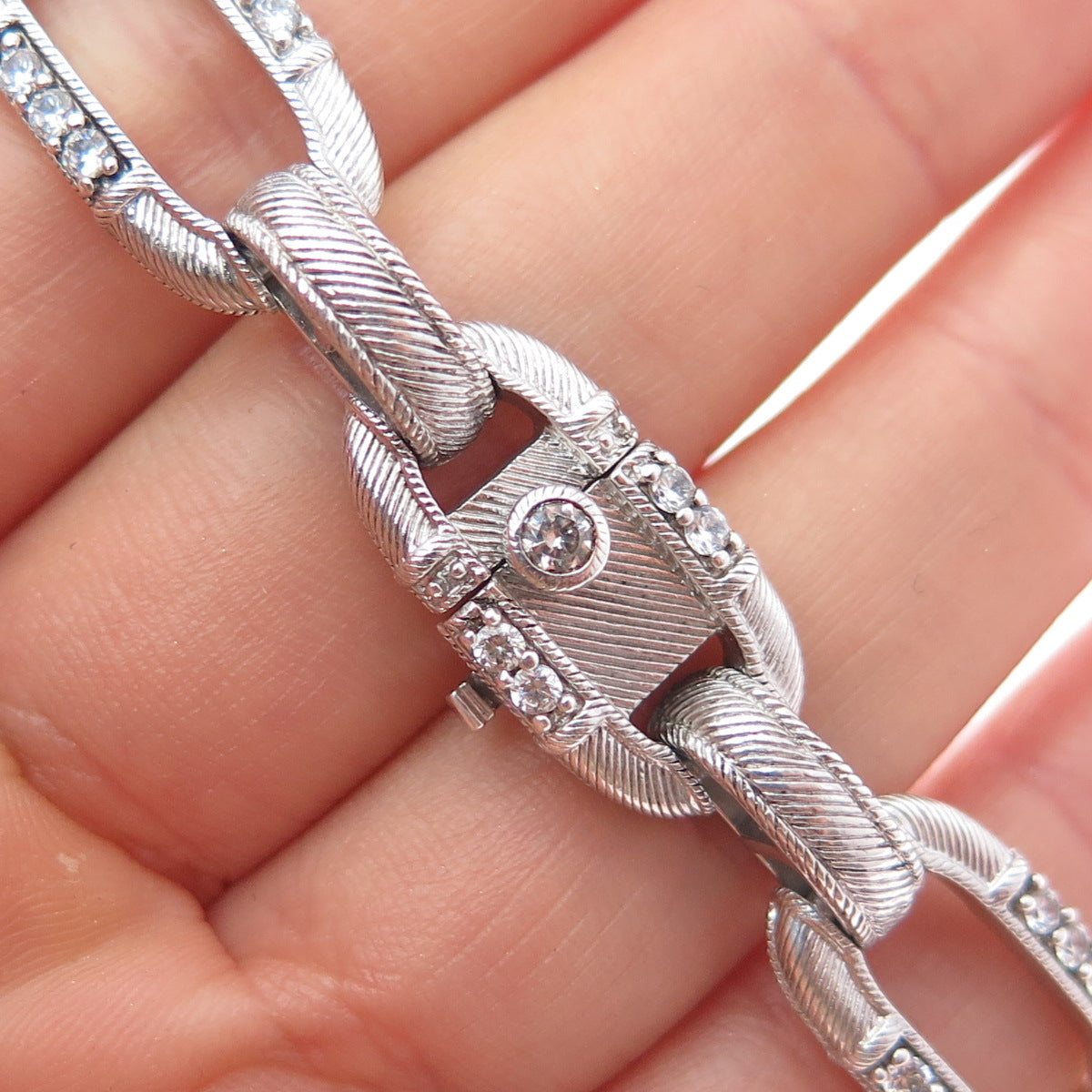 JUDITH RIPKA 925 Sterling Silver Round-Cut C Z Paperclip Link Bracelet 6.5"