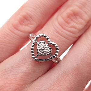 925 Sterling Silver Real Round-Cut Diamond Heart Ring Size 6