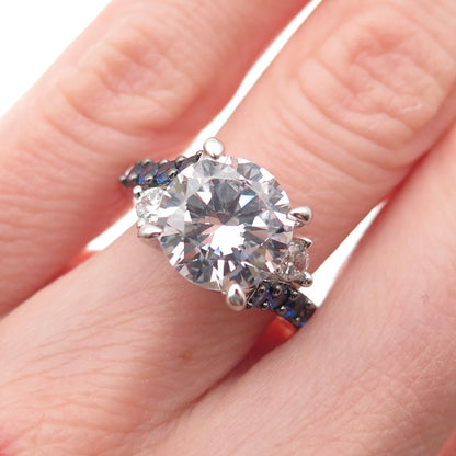 KEY STAR 925 Sterling Silver Real Sapphire & C Z Engagement Ring Size 6