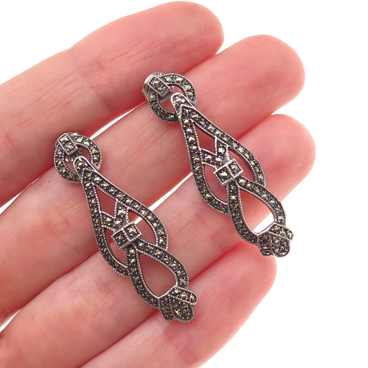 925 Sterling Silver Vintage Real Marcasite Oxidized Dangle Earrings
