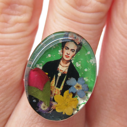 925 Sterling Silver Vintage Enamel Frida Kahlo Pressed Flowers Ring Size 8.75