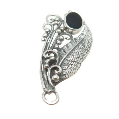 925 Sterling Silver Vintage Real Black Onyx Gemstone Grape Leaf Pendant