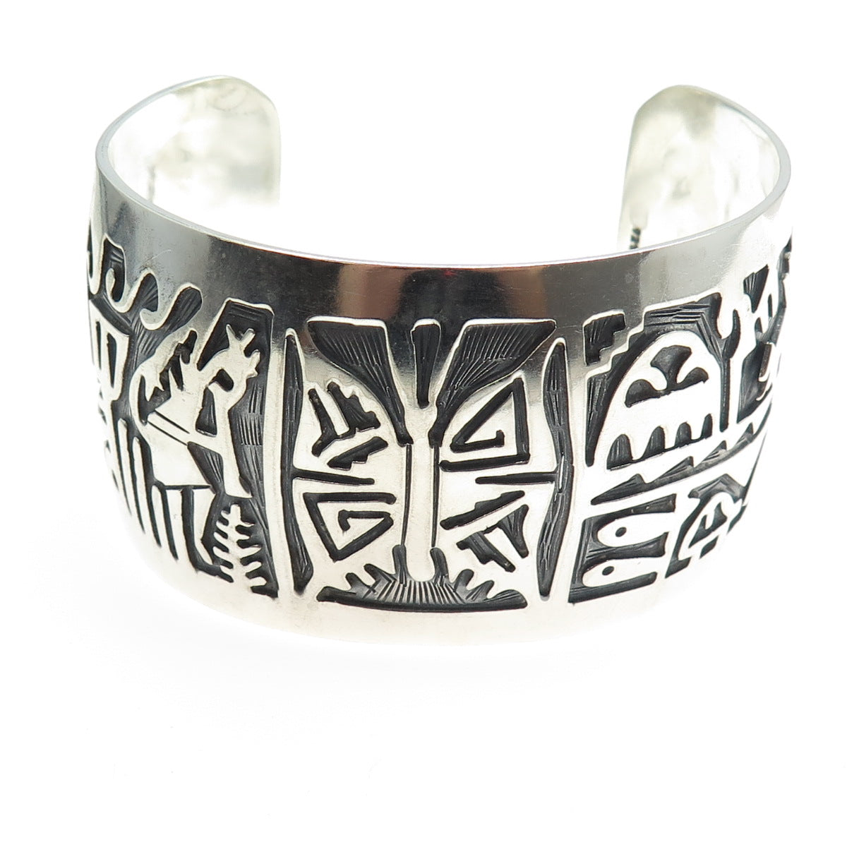 925 Sterling Silver Vintage Tribal Adjustable Cuff Heavy Bracelet 7.25"